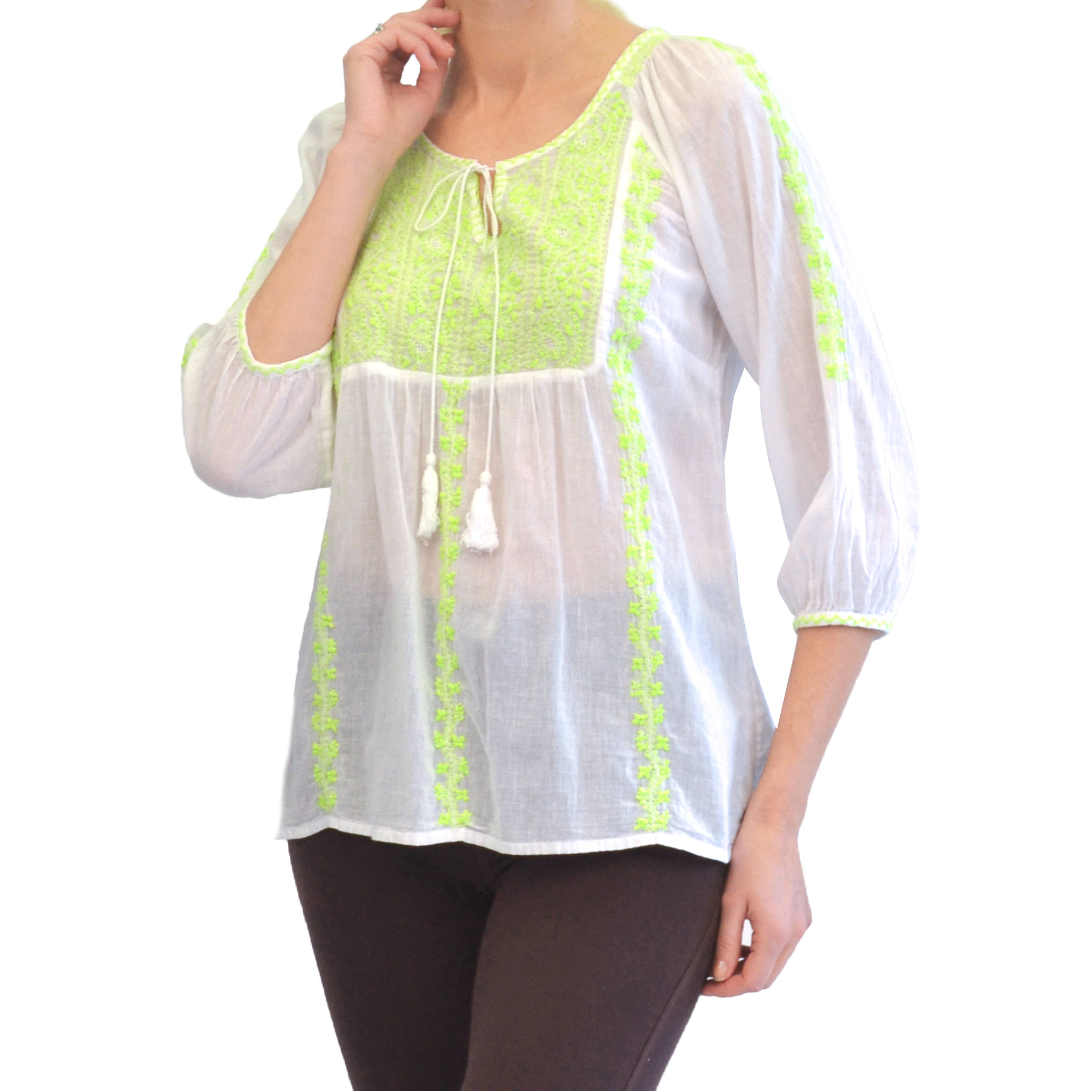 La Cera - Wholesale Blouse - Women's - Floral Embroidered Peasant Top - LIME2
