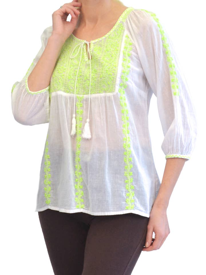 La Cera - Wholesale Blouse - Women's - Floral Embroidered Peasant Top - LIME2