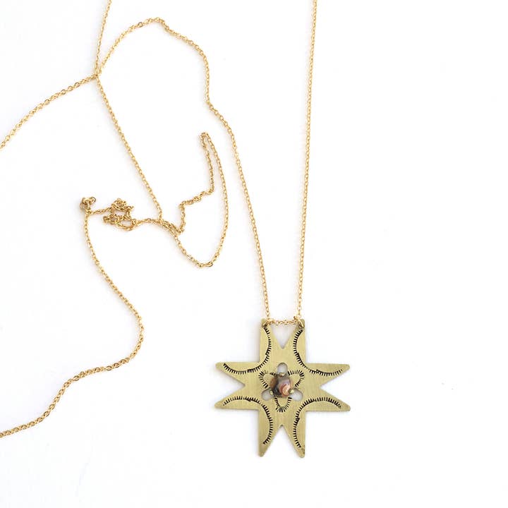Stamped Brass Star Necklace w/ Gemstone // Long for wholesale by LUNASOL