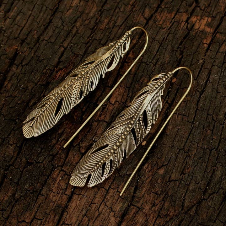 Baizaar - Wholesale Dangle Earrings - Brass Long Feather Earring