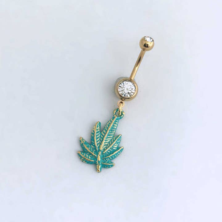 Weed Belly Ring - Long Patina Leaf Green piercing for wholesale by Smokies Toke Couture