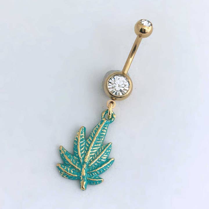 Weed Belly Ring - Long Patina Leaf Green piercing for wholesale by Smokies Toke Couture