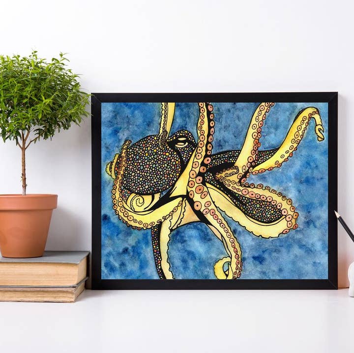 ”Octopus Genius” Akvarell Målning: Konst Print för wholesale av PinkPolish Design