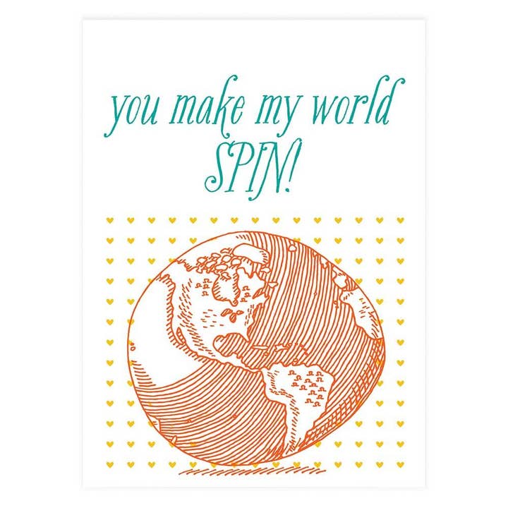 You Make My World Spin Globe lykønskningskort for engroshandel hos Potluck Press