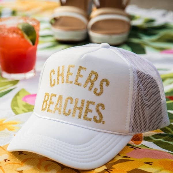 Cheers Beaches – wholesale Truckerkeps – Dam – Skål stränder Trucker Hat: Vit & Guld1