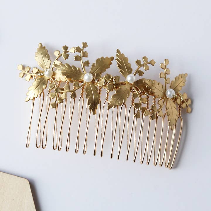 Golden Brass Cornelian Flower Hair Combs for wholesale by Acute Designs