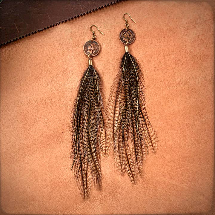 Indian Cent & Long Feather Earrings - Coq de Leon, Western for wholesale on Faire