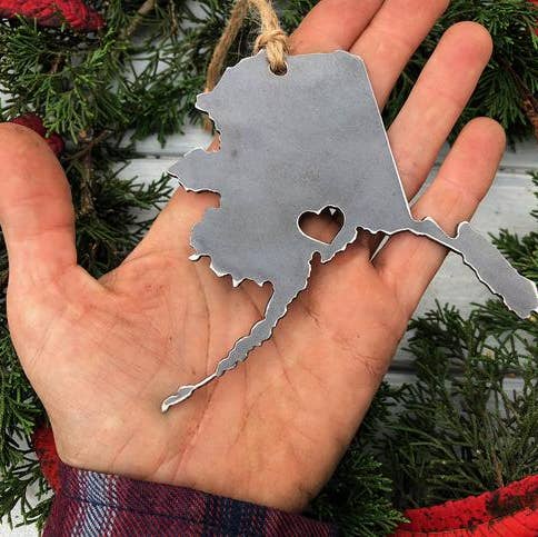 Alaska State Christmas Ornament with heart over Anchorage for wholesale by BE Creations & Designs, Inc.