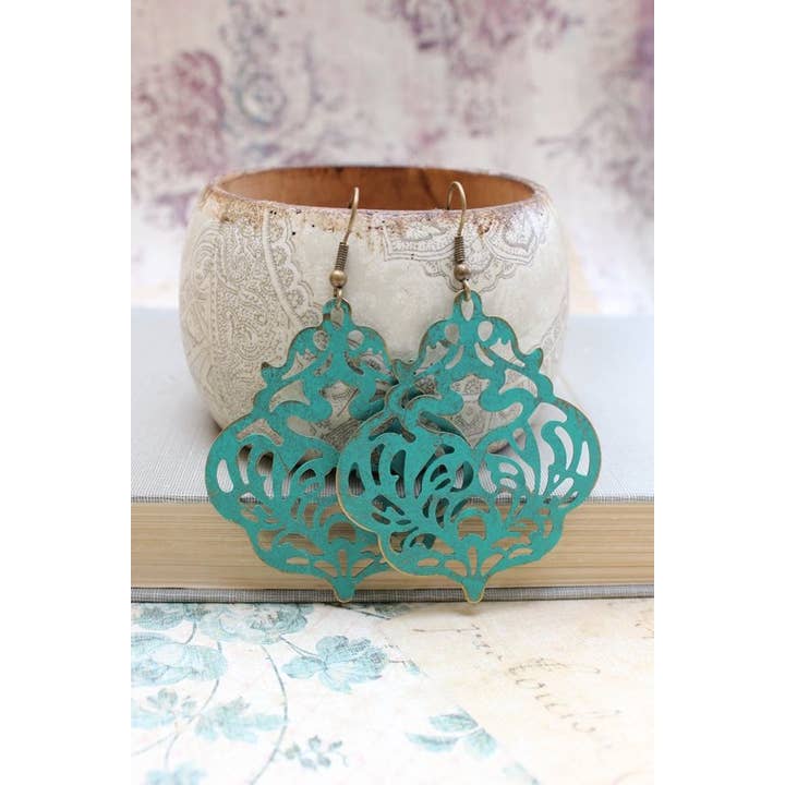 A Pocket of Posies - Wholesale Dangle Earrings - Damask Filigree Earrings | Teal Patina | Big Dangle Earrings1