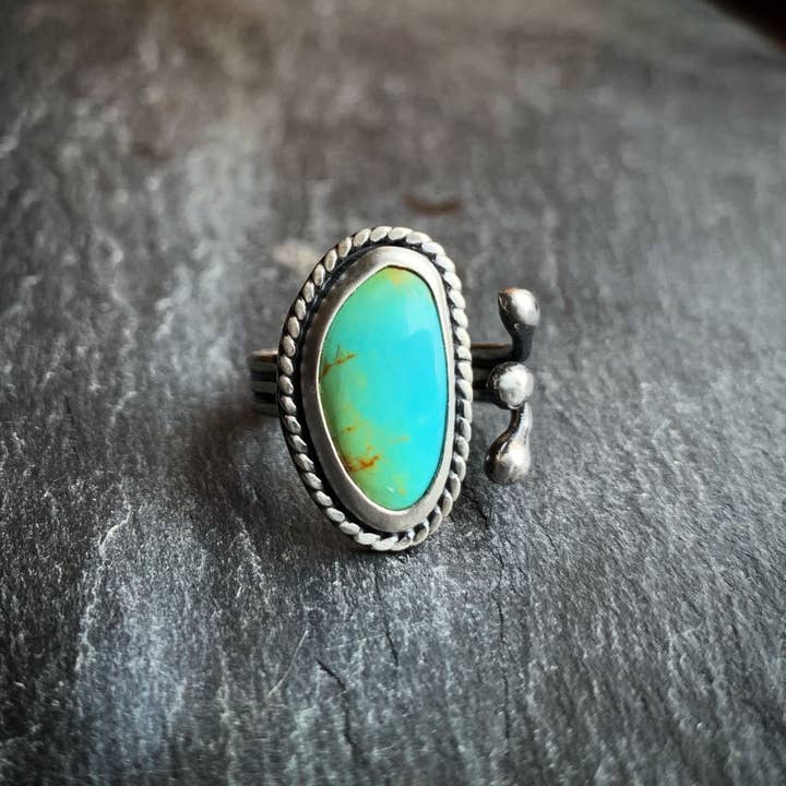 Raegan Hough Metalsmith – wholesale Cocktail/statement ring – American Turquoise Ring with Rope And Open Shank2