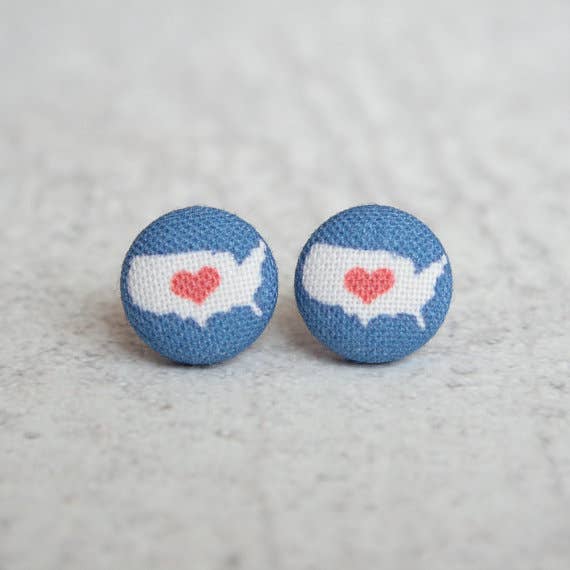 Rachel O's - Wholesale Stud/Post Earrings - USA Heart, Fabric Button Earrings