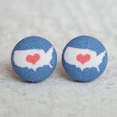 Rachel O's - Wholesale Stud/Post Earrings - USA Heart, Fabric Button Earrings0