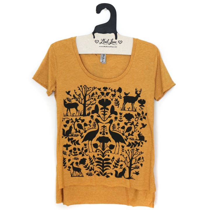 Mad Love Shop - Wholesale Screen Printed T-Shirt - Women's - Gold Mustard Scoop Hi Lo Tee with Folk Print0