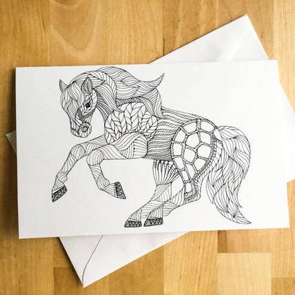 Horse Pony Zentangle Coloring Greeting Card for wholesale by Iron Maid Art