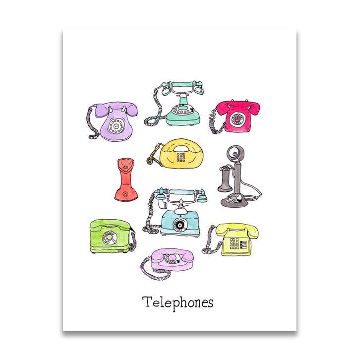 8.5" x 11" Telephones Print for wholesale by Jodi Lynn's Emporium of Doodles