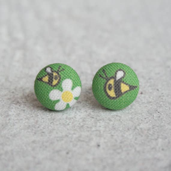 Rachel O's - Wholesale Stud/Post Earrings - Busy Bee Fabric Button Earrings