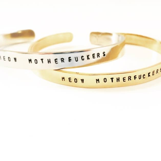 Cat Kitty Animal Stamped Cuff Snarky Meow Motherfuckers for wholesale by Lux + Luca Jewelry Co.