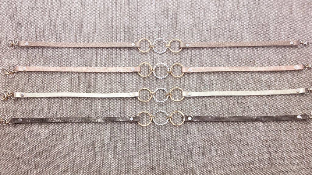 Devon Dowd Designs - Wholesale Bangle Bracelet - Triple Sterling & Gold Filled Bubble Circles & Metallic Leather0