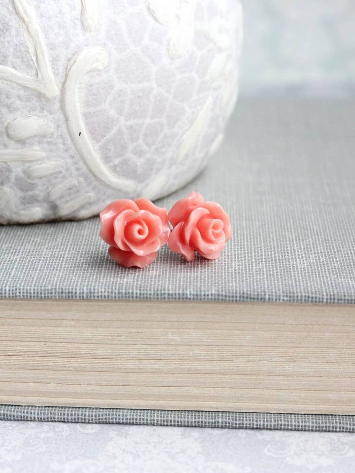 Coral Rose Stud Earrings for wholesale by A Pocket of Posies