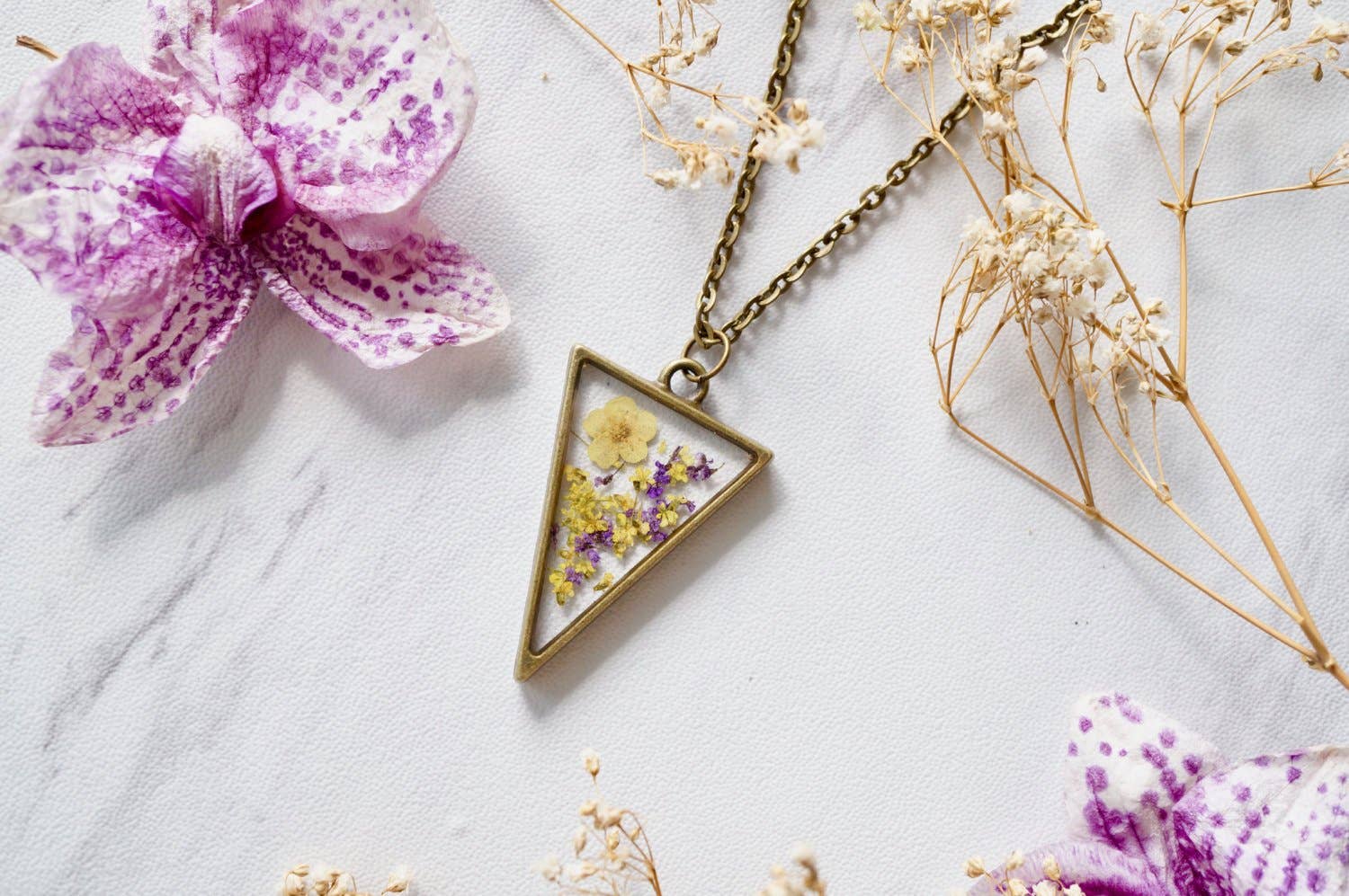 Ann + Joy - Wholesale Pendant/Charm Necklace - Triangle in Purple & Yellow Mix Real Dried Flowers in Resin Necklace0