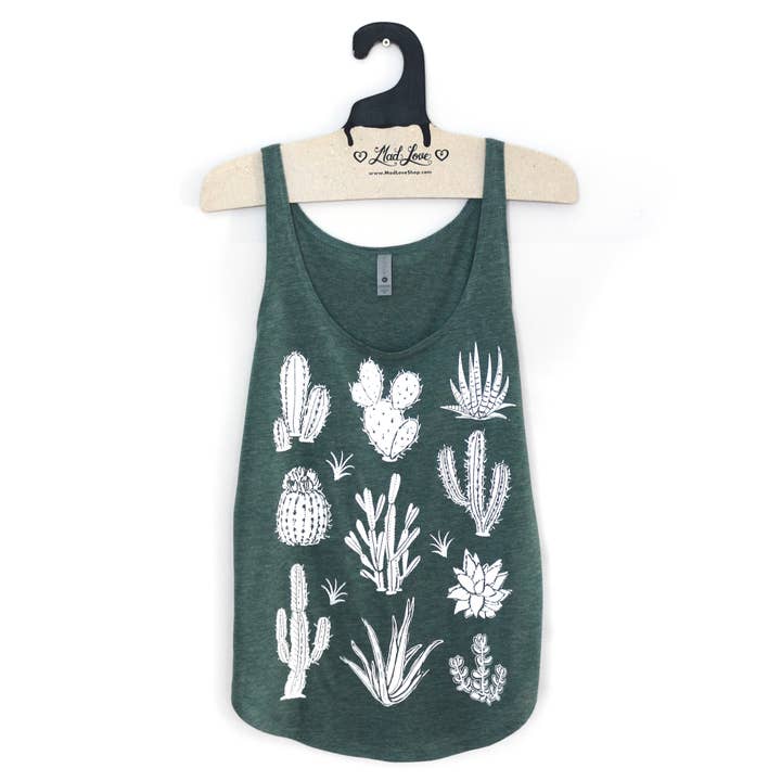 Tri Blend Forest Grøn Scoop Tank Med Kaktus Print for engroshandel hos Mad Love Shop