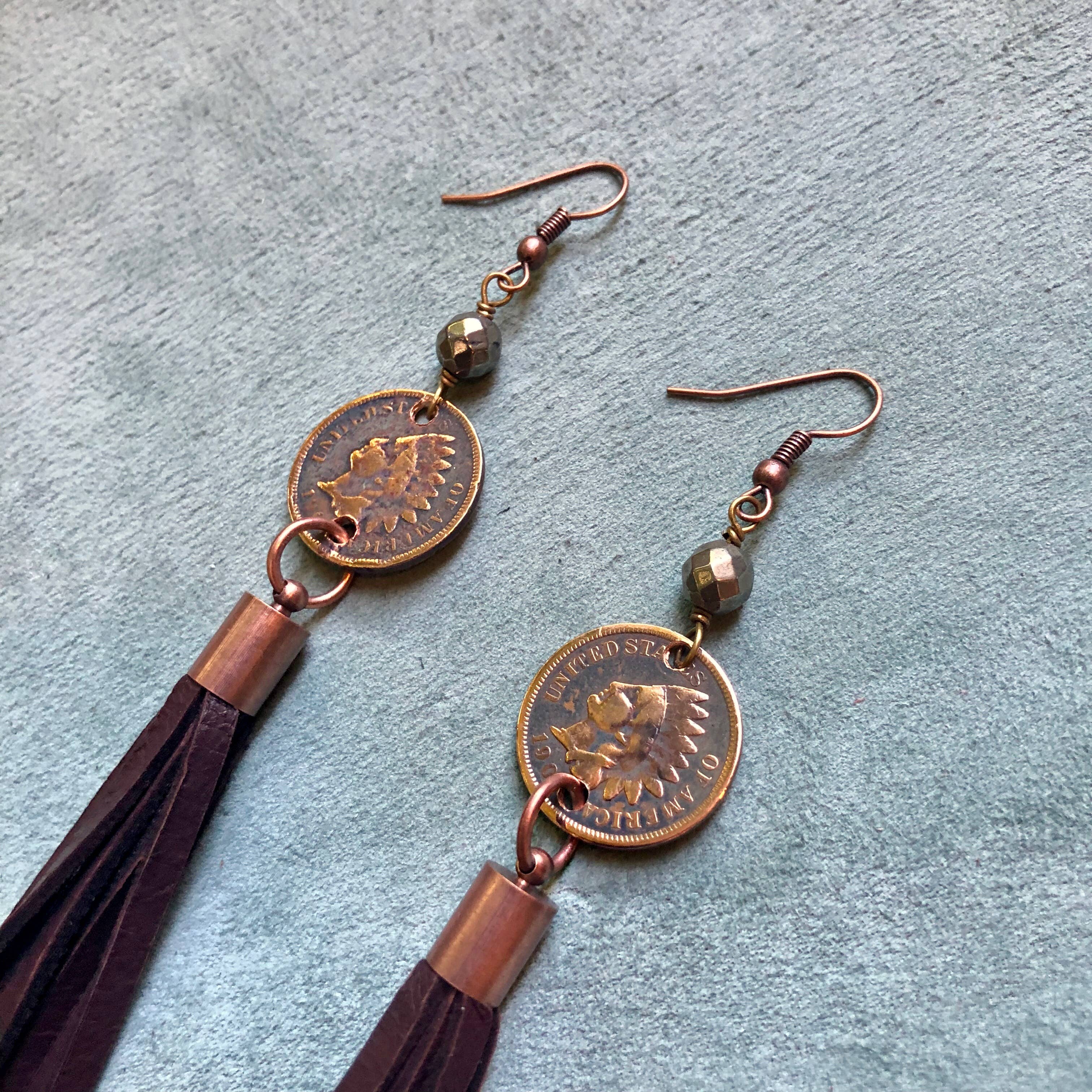ASTALI - Wholesale Tassel Earrings - Indian Head Cent & Leather Tassel Earrings - Chocolate Brown5