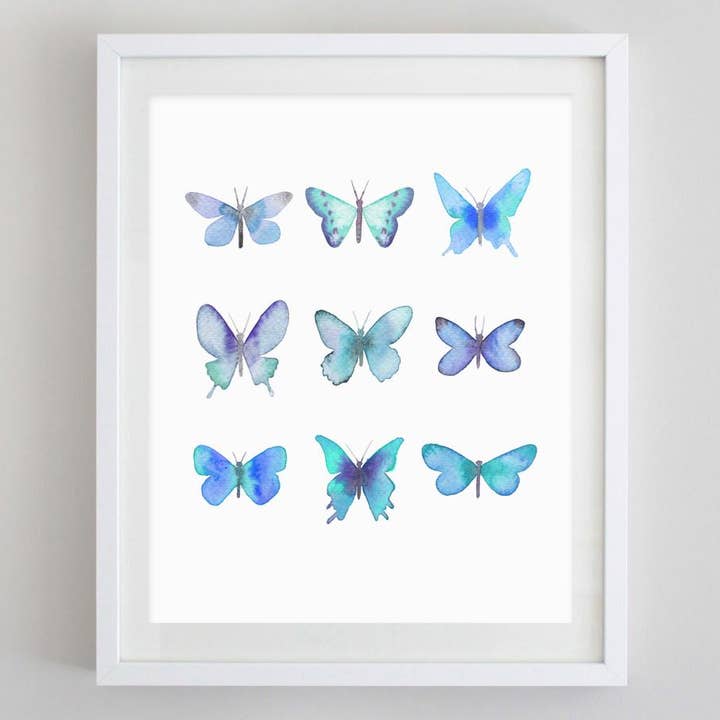 Stampa acquerello blu farfalle per la vendita all'ingrosso da parte di Carly Rae Studio