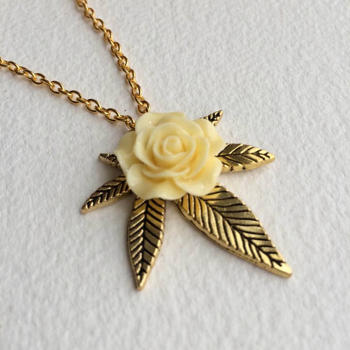 Cannabis Rose Weed Necklace - Gold and Ivory for wholesale by Smokies Toke Couture