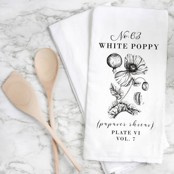 Vit vallmo botanisk kökshandduk för wholesale av Porter Lane Home