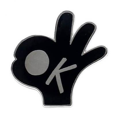 Ok Hand Enamel Pin for wholesale by Old English Company