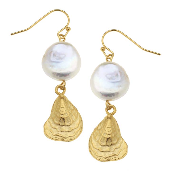 Gold Oyster Shell with Genuine Freshwater Pearl Earrings for wholesale by Susan Shaw