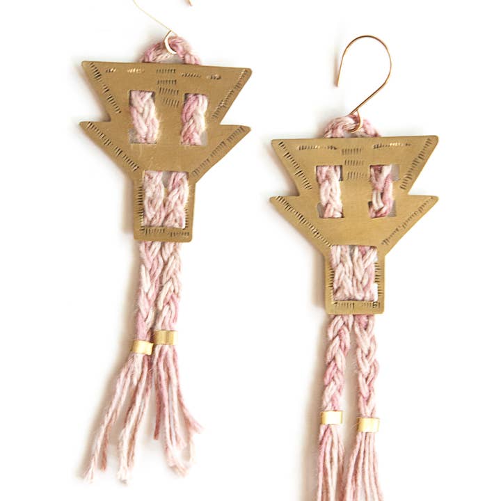 Stamped Brass Earrings w/ Braided Hand Dyed Linen for wholesale by LUNASOL