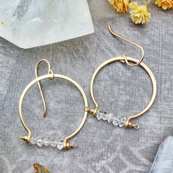 Créoles Herkimer à quartz diamantées en or 14 carats pour la vente par Enclave Gold