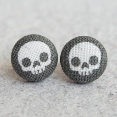 Black Skulls Fabric Button Earrings for wholesale by Rachel O's