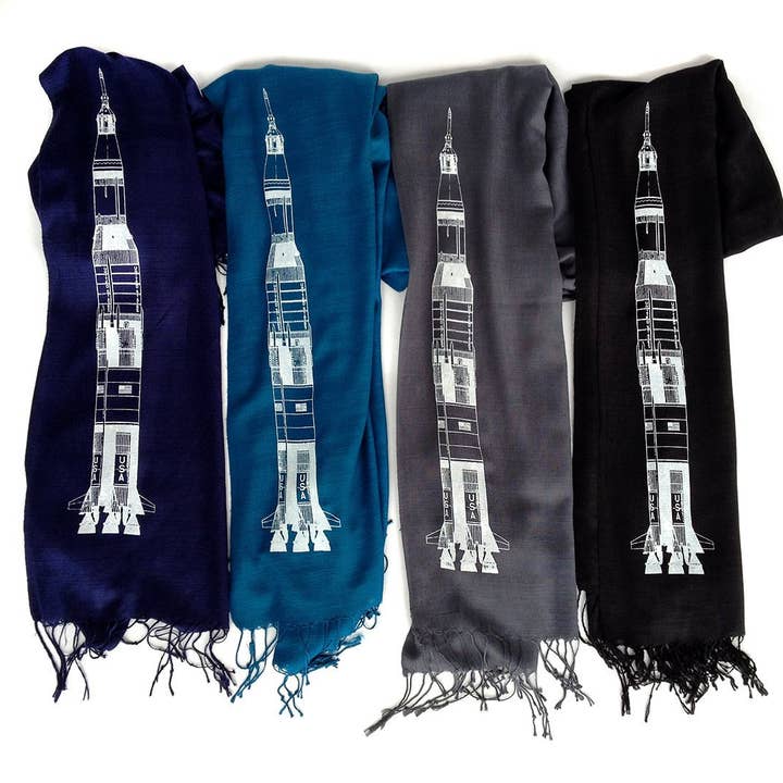 Saturn V Rocket Scarf. Linen-Weave Pashmina for wholesale by Cyberoptix Tie Lab