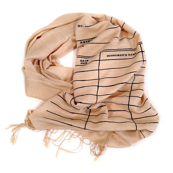 Library Date Due Date Card Scarf. Linen-Weave Pashmina for wholesale by Cyberoptix Tie Lab