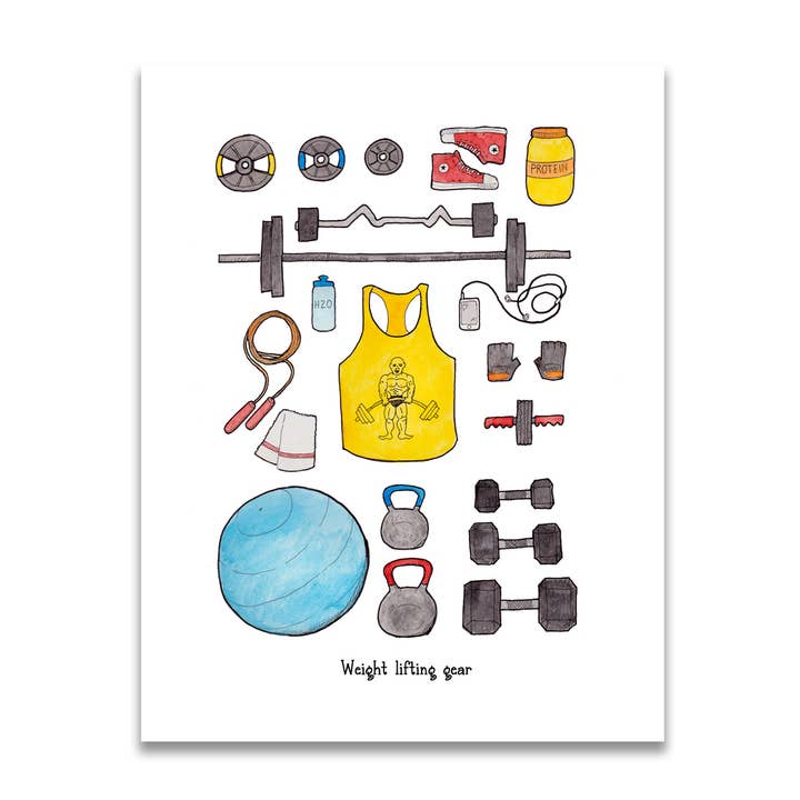 Impression d'équipement d'haltérophilie 8,5 po x 11 po pour la vente par Jodi Lynn's Emporium of Doodles