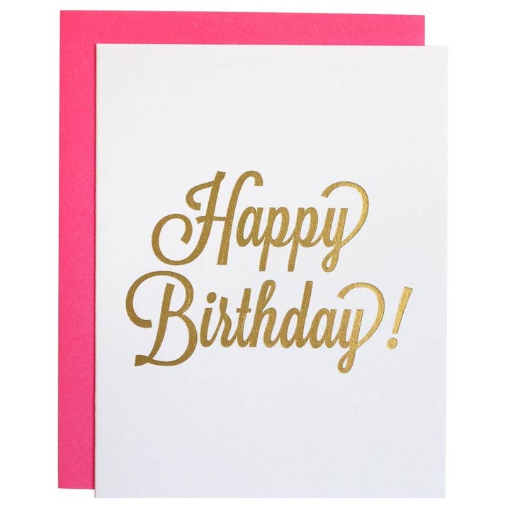 Happy Birthday Script - Gold Foil Letterpress Card for wholesale by Chez Gagné