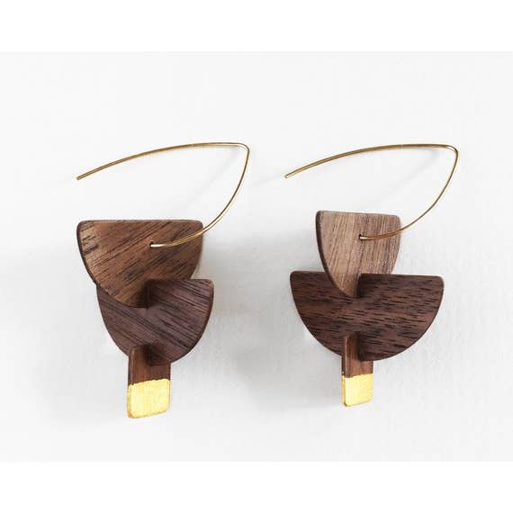 Totem Walnut Wood And 24k Gold Stacked Shapes Earrings for wholesale by Kohli Kraft