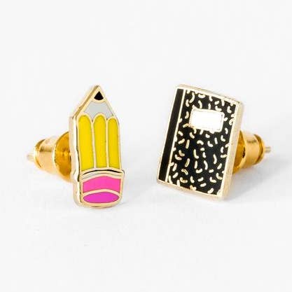 Pencil & Composition Notebook Earrings - Gold Teacher Studs for wholesale by Yellow Owl Workshop