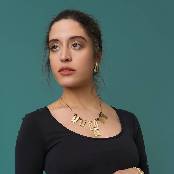 Stamped Brass Necklace w/ Black Tourmaline Beads for wholesale by LUNASOL