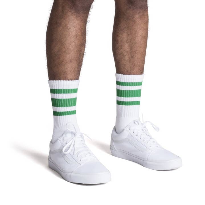 SOCCO - Wholesale Socks – Unisex - SOCCO Green Striped Crew | White1