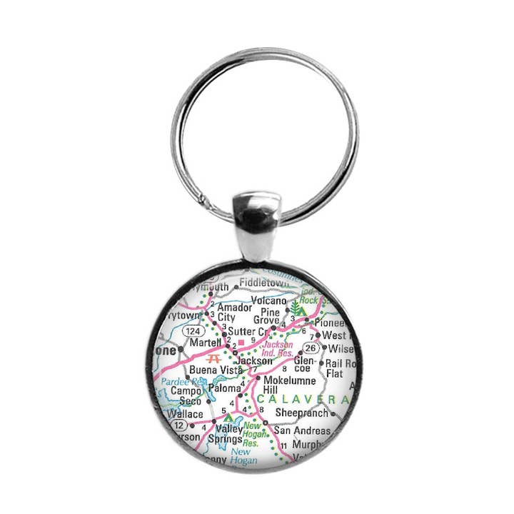Map Page Glass Topped Keychain - your choice of U.S. city for wholesale by Whimsy Spirit Shop