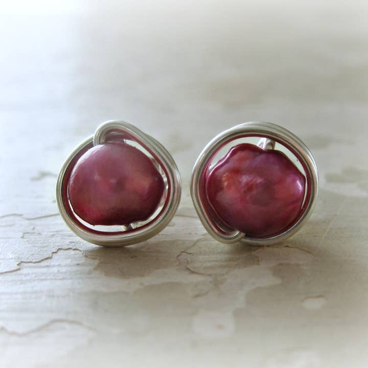 Cranberry Freshwater Pearl + Sterling Stud Earrings for wholesale by Contempo Jewelry