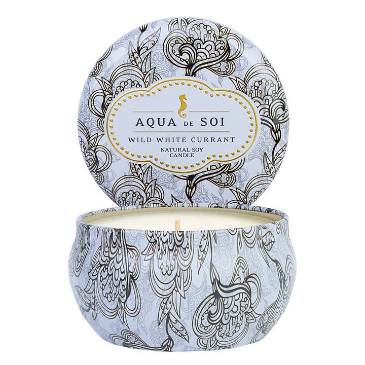 White Wild Currant 9 oz Aqua De Soi Candle Tin for wholesale by The SOi Company