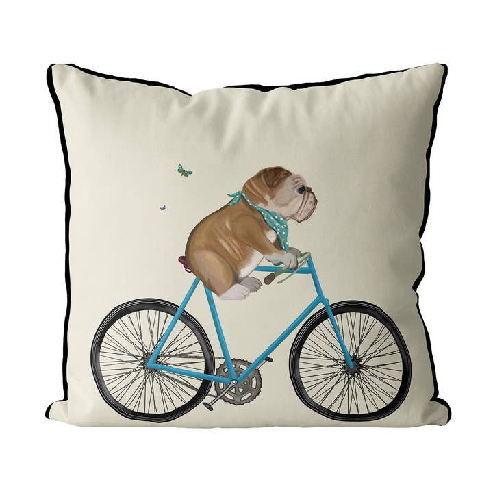 English Bulldog on Bicycle Dog Gift Pillow Cushion Garden for wholesale by FabFunky Ltd