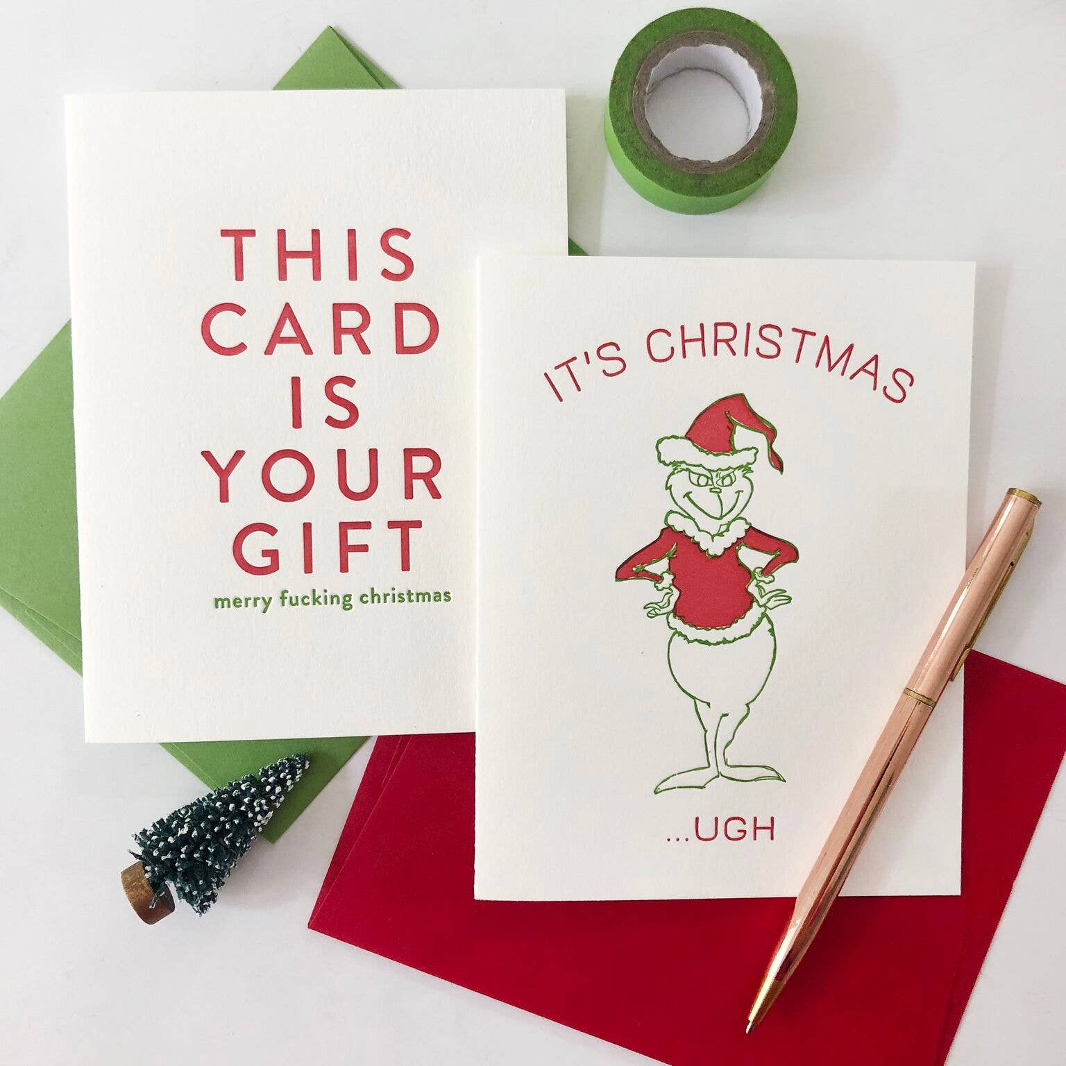 Steel Petal Press - Venta al por mayor Tarjetas de Navidad - Tarjeta navideña de letterpress de cultura pop - Grinch Navidad1