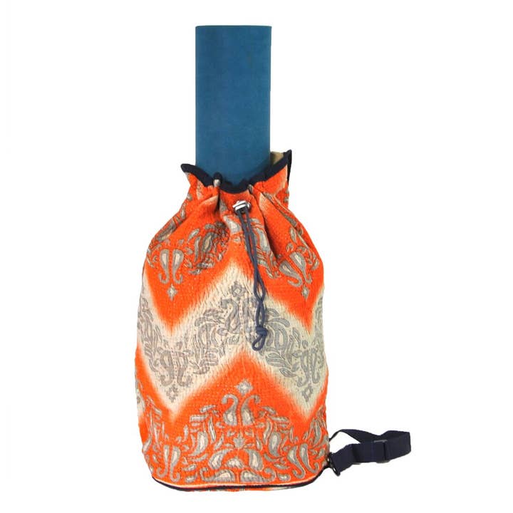 Orange and Cream Chevron Kantha Crossbody Duffel/ Yoga Bag for wholesale by Yesness