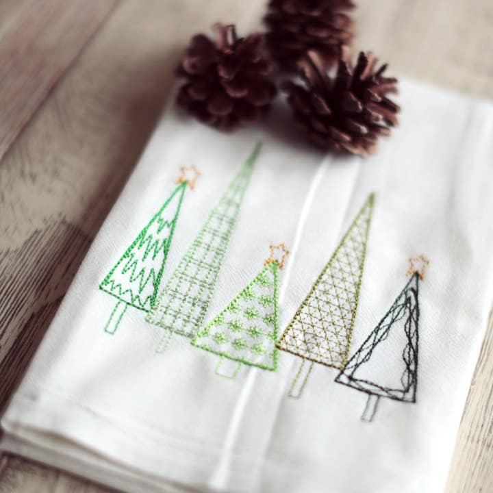 SewMuchMoreStore - Wholesale Tea Towel - Winter Christmas Trees Tea Towel Embroidered - Holiday Decor1