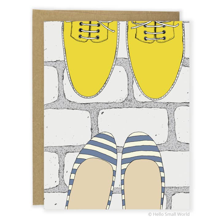 Hello Small World - Wholesale Everyday Greeting Card - Stripe Flats and Yellow Boots Card